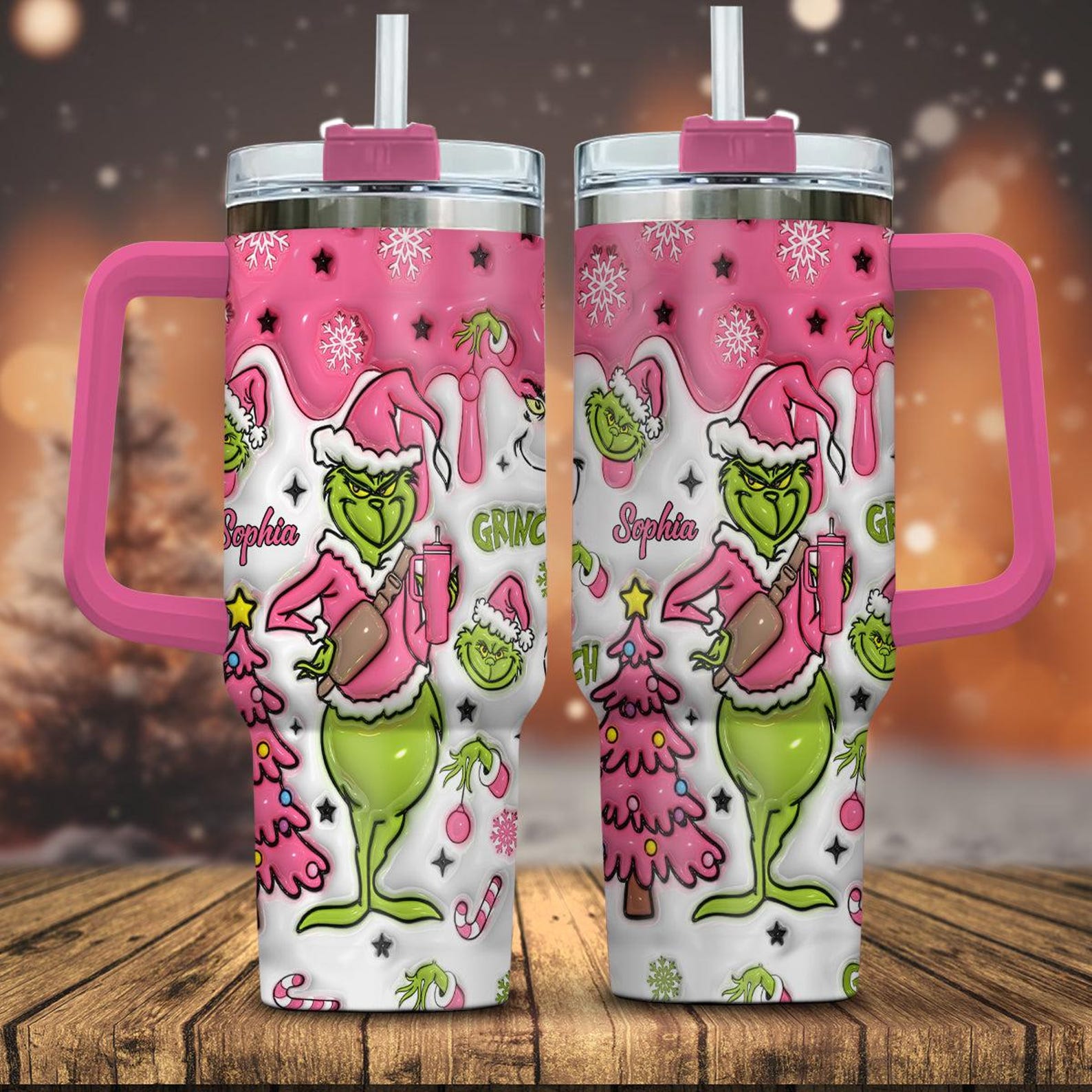 Personalized Pink Grinch Tumbler with Handle, Green Monster Stanley Tumbler, Christmas Gifts