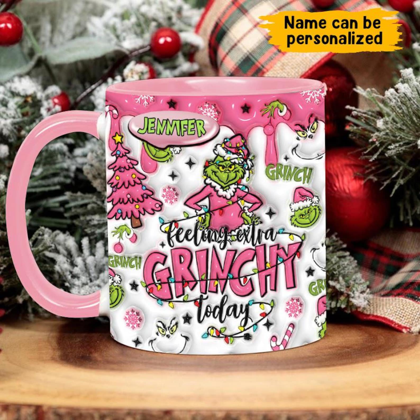 Feeling Extra Grinchy Today Personalized Accent Mug, Two Tone Coffee Mugs, Christmas Gifts