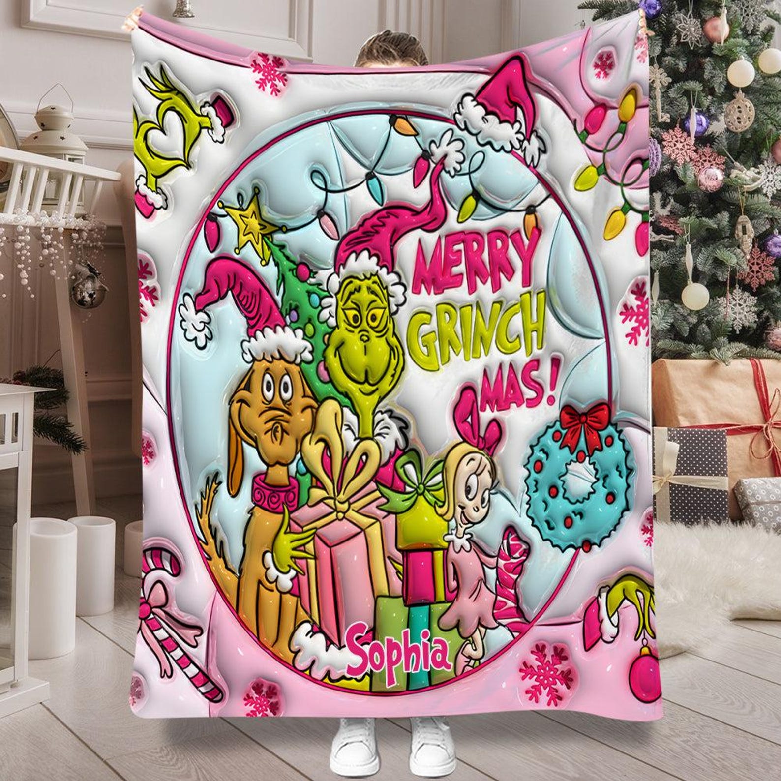 Merry Grinchmas Personalized Funny Grinch Christmas Blanket, Fleece Blanket, Christmas Gifts