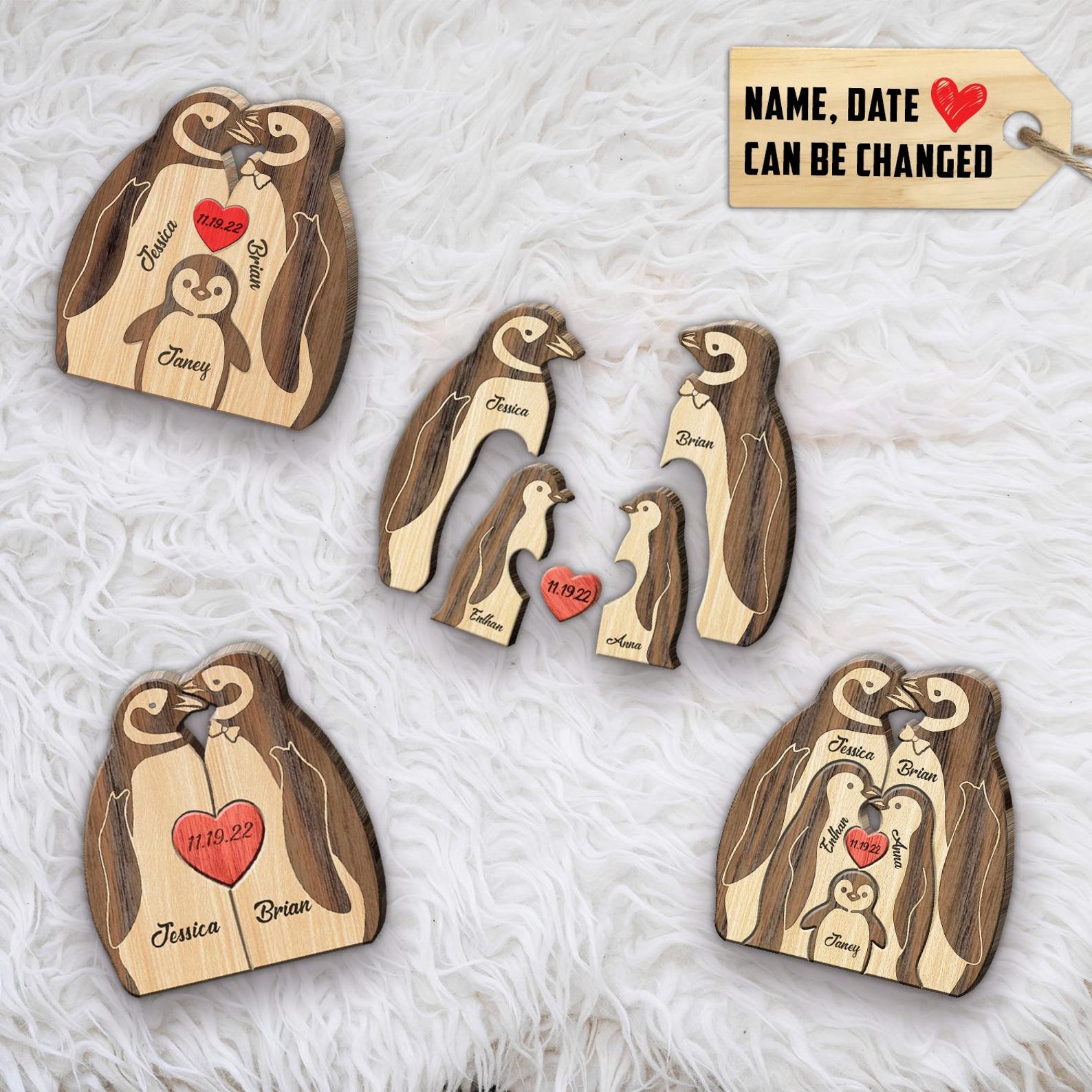 Penguin Family Customize Engraved Wood Puzzle, Mother's Day Gift, Father's Day Gift, Family Gift Idea