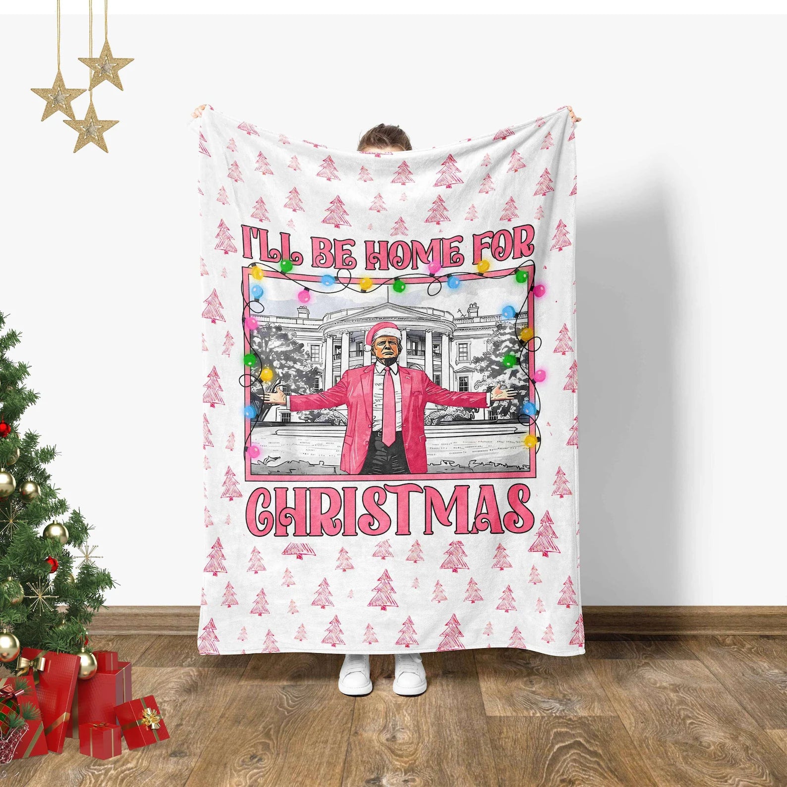 I’ll Be Home For Christmas Blanket Trump2024, Pink Santa Vintage, Christmas Blanket