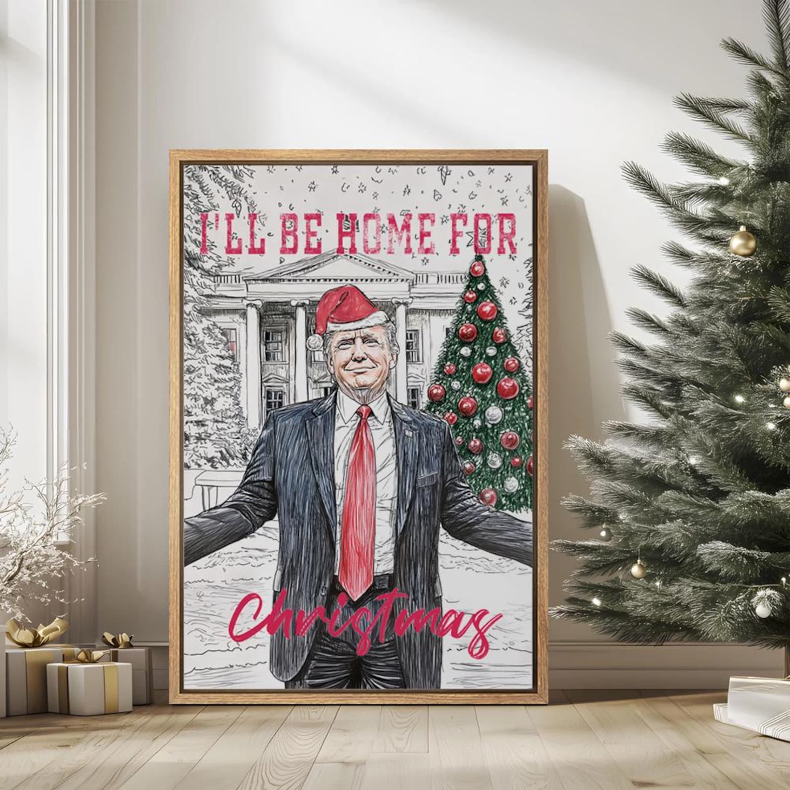 I'll Be Home For Christmas Trump2024 Canvas Wall Art, Vintage Funny Humorous, Patriots Gifts