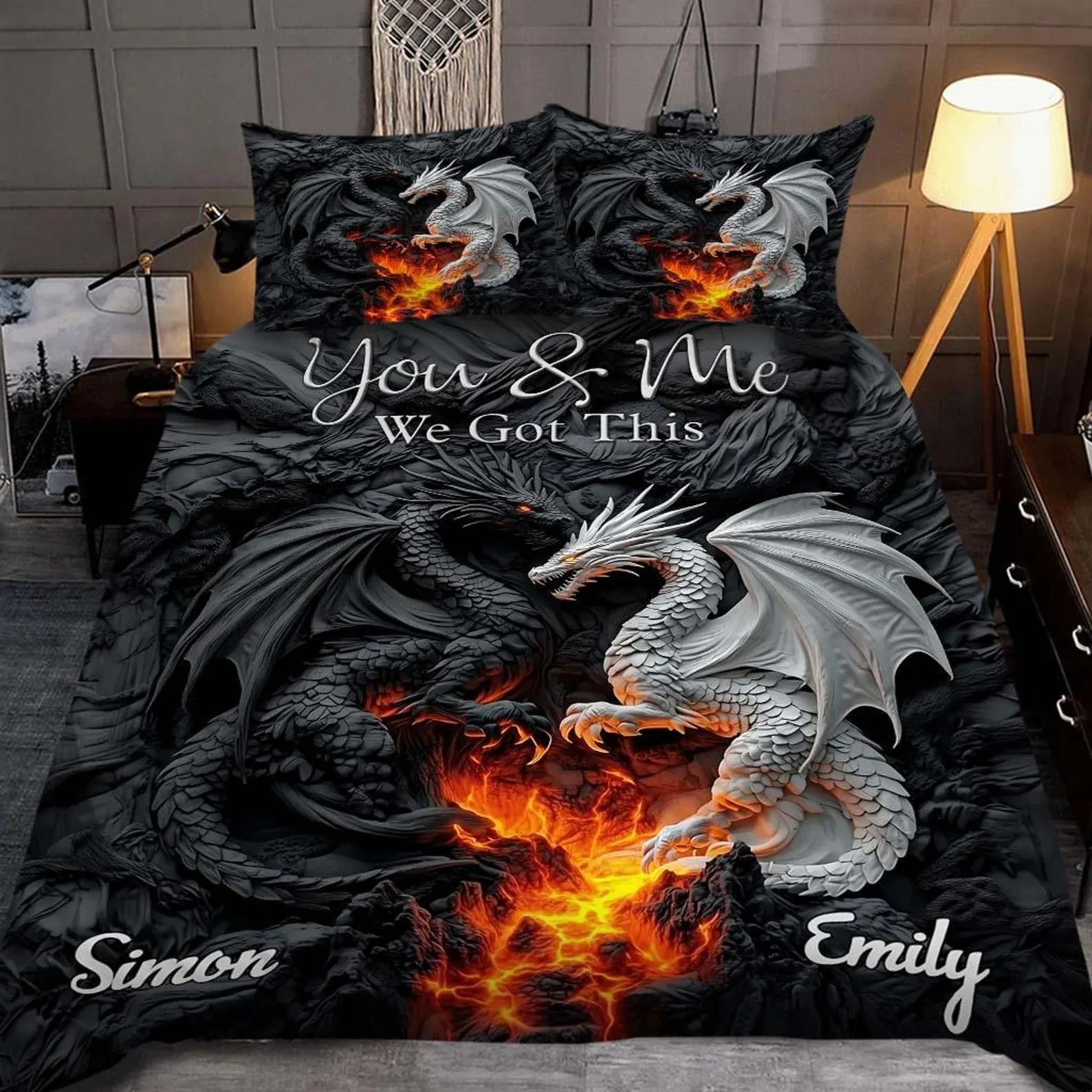 You and Me We Got This Black White Dragon Couple Quilt Bed Sets, Dragon Bed Set, Couple Bedding Set, Couple Valentine Gift