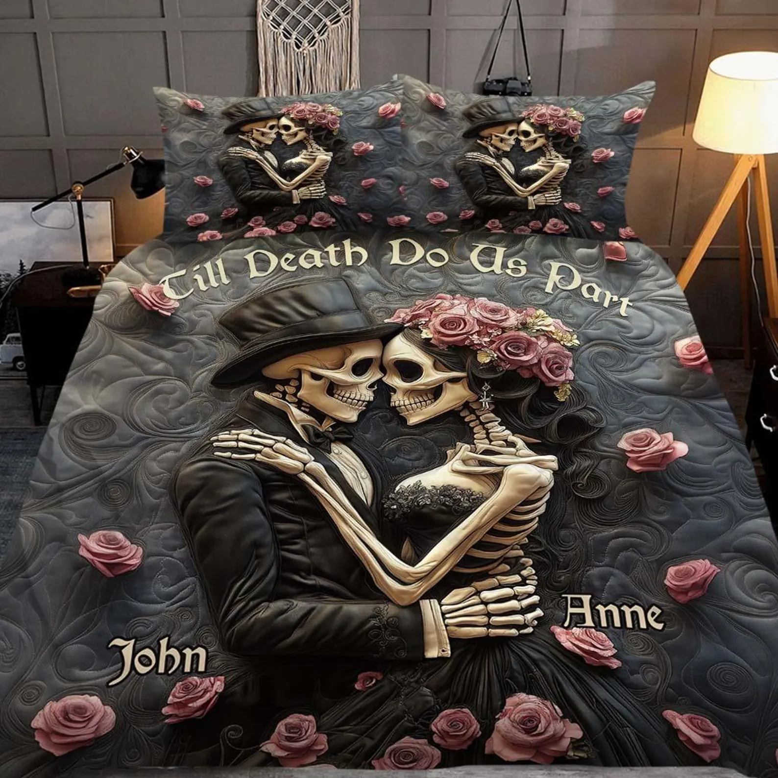 Till Death Do Us Part Skeleton Couple Quilt Bed Sets, Couple Bedding Set, Skeleton Lover Couple Valentine Gift