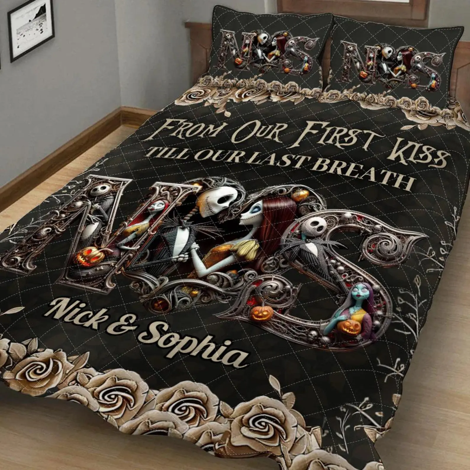 From Our First Kiss Till Our Last Breath Nightmare Before Quilt Bed Sets, Jack And Sally Bedding Set, Couple Valentine Gift