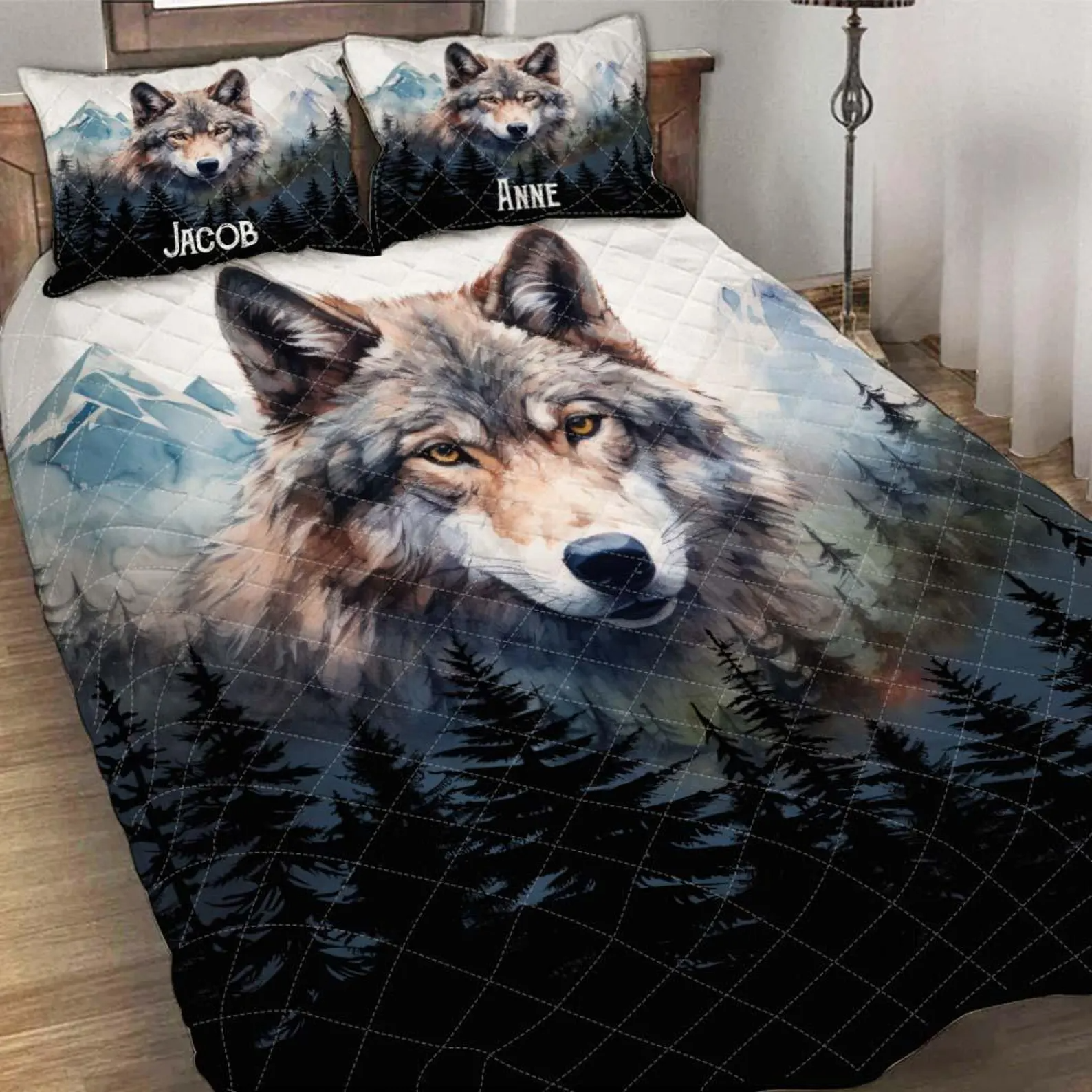 Wolf in Forest Wolf Couple Quilt Bed Sets, Couple Bedding Set, Wolf Bedding Set, Couple Valentine Gift