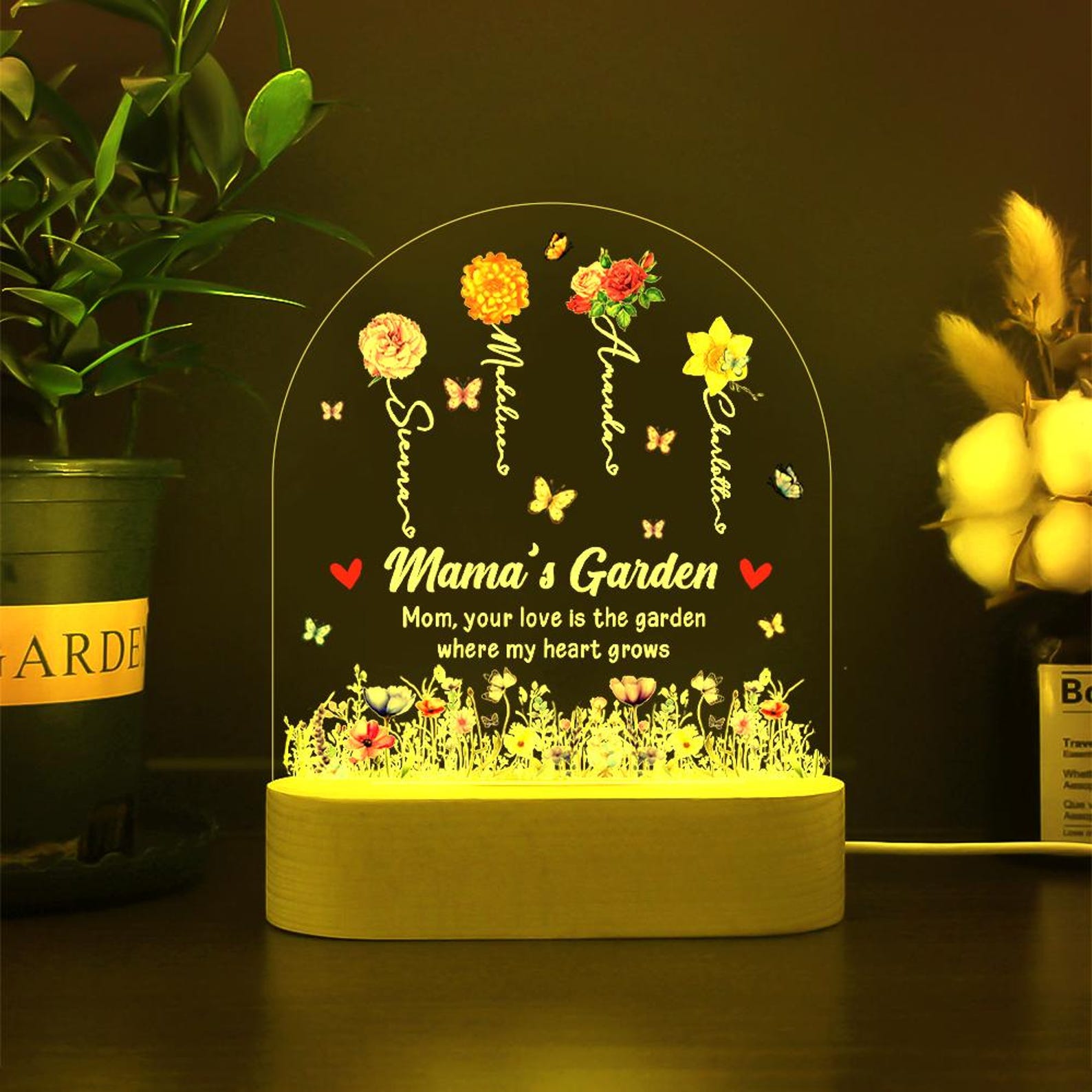 Mama Garden's Personalized Birth Month Flower Acrylic LED Night Light, Mothers Day Gift