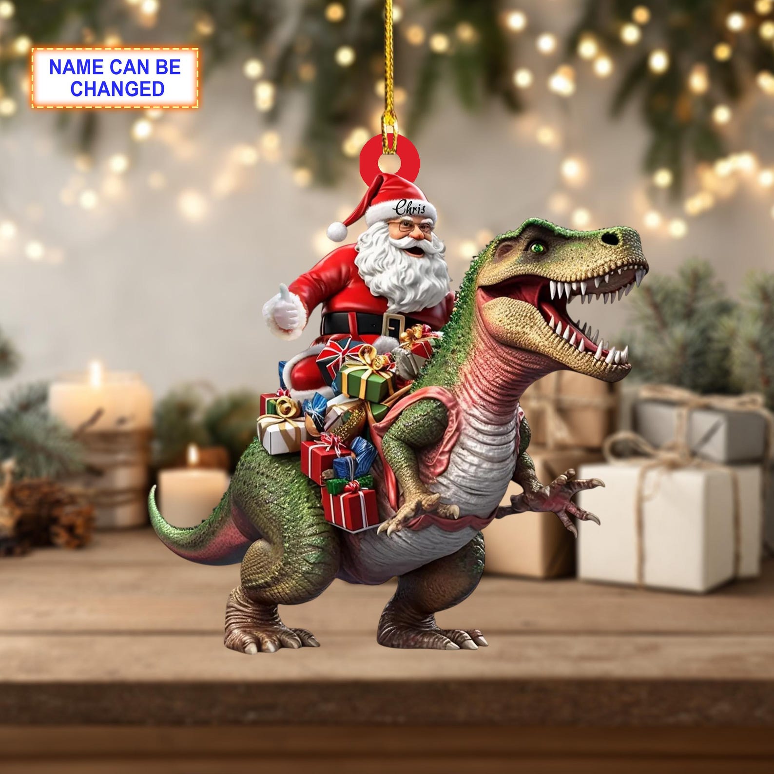 Santa Riding Dinosaur Ornament, Christmas Tree Decoration, Acrylic Ornament, Christmas Ornament