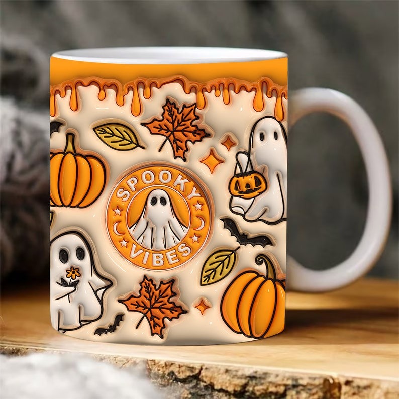 3D Spooky Vibes Season Mug, Cute Fall Pumpkin Ghost Halloween Gift