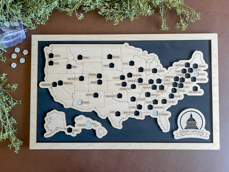 State Capitals Bucket List With Pins, State Capitals Wooden Map Tracker