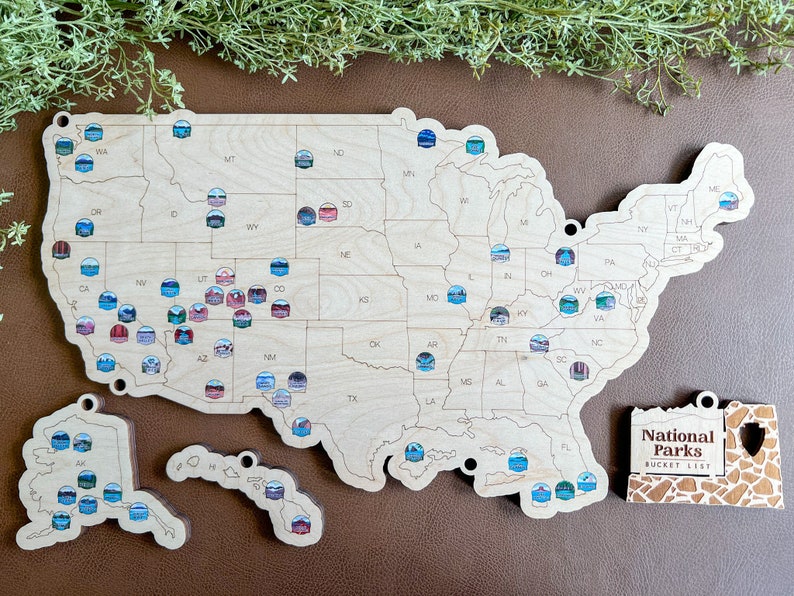 National Parks Bucket List With Pins, National Parks Wooden Map Tracker, Fathers Day Gift