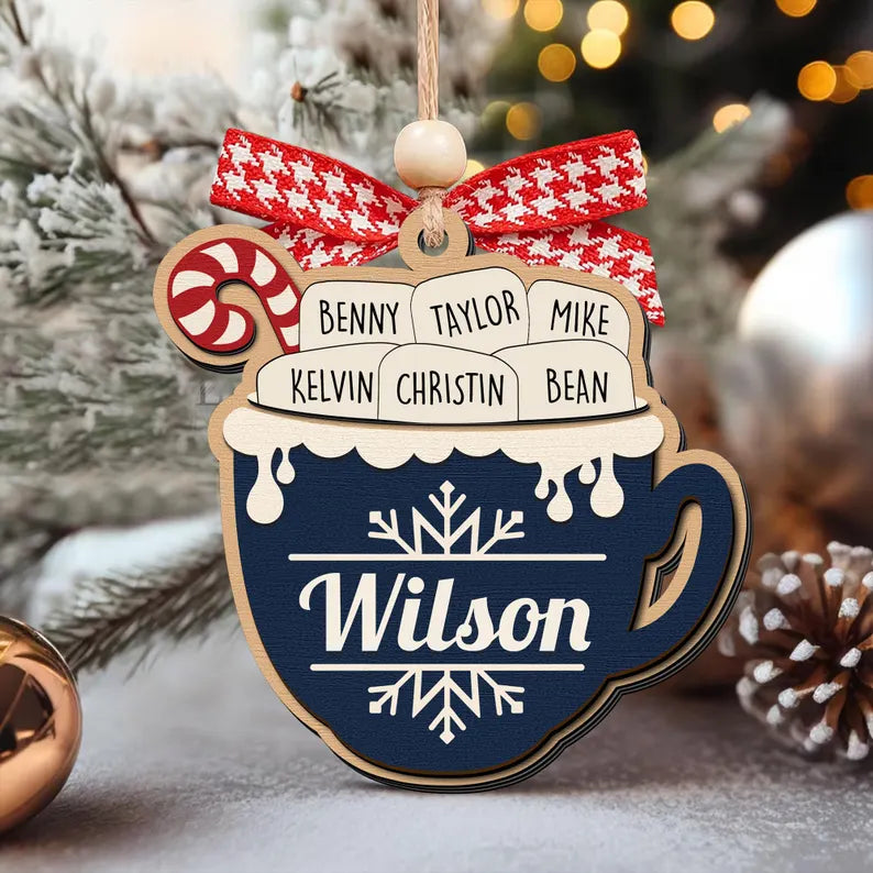 Personalizable Ornament With Family Names Hot Cocoa Christmas Wood Ornament, Family Gift Ideas For Christmas