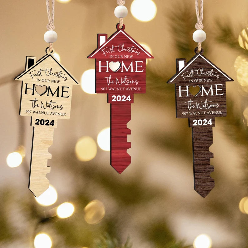 Personalized First Christmas In Our New Home Ornament Wood Key, Personalized First Home Gift