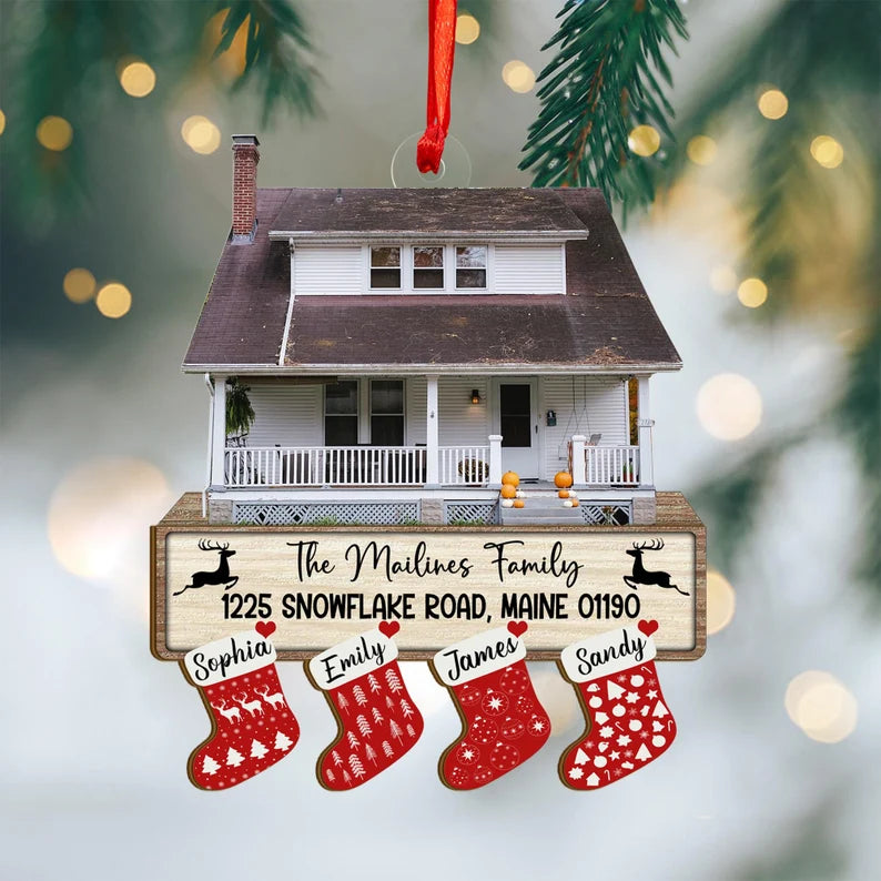 Custom New House Photo Ornament, Family Christmas Stocking Ornament with Names