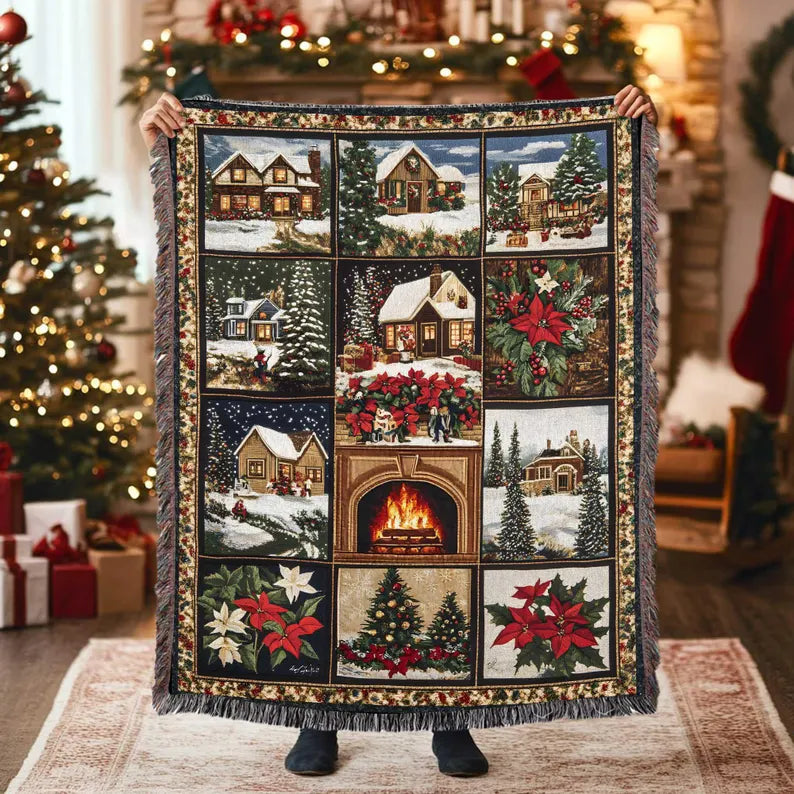 Vintage Woven Christmas Blanket, Christmas Home Decor, Christmas Gifts