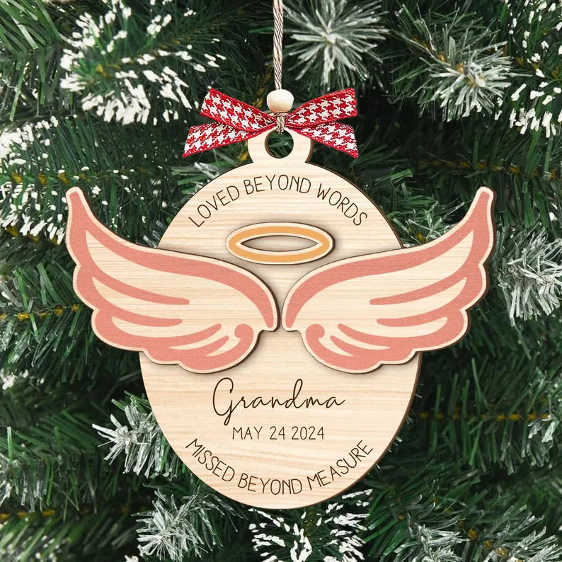 Custom Angel Wings Memorial Christmas Wood Ornament, Loss Of Loved One, Remembrance Gifts