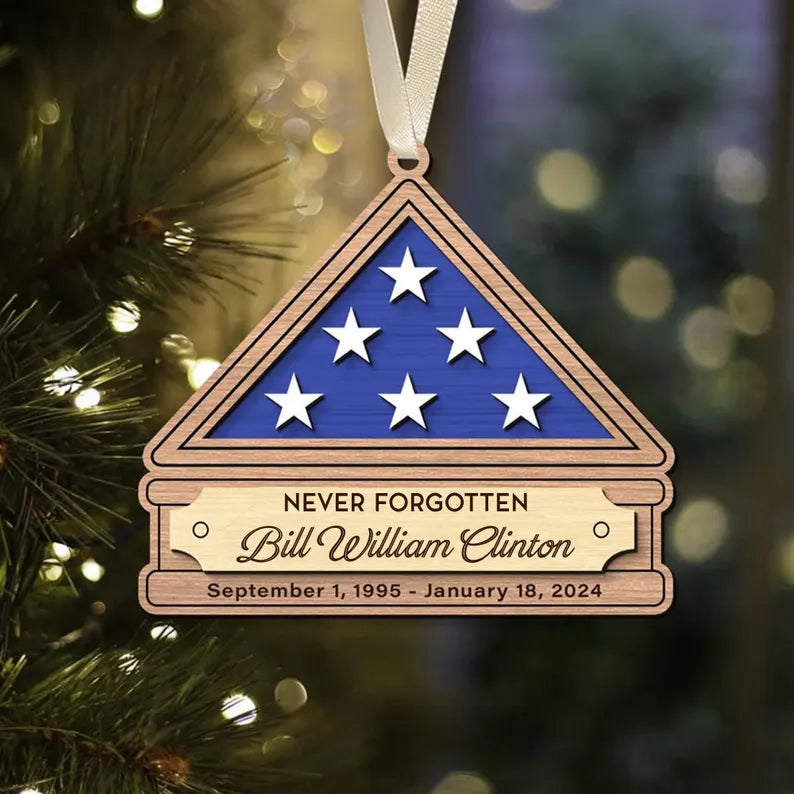 Personalized Folded Flag Memorial Wood Ornament, Military Christmas Ornaments