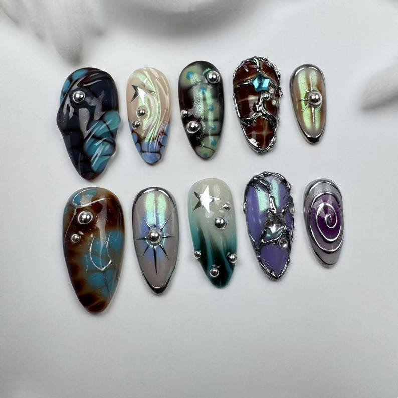 Handmade Press On Nails, Star Nails, Party Wedding Nails Glitter Nails, Sparkle Nails, Brown Nails