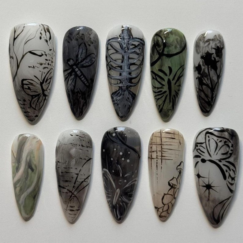 Handmade Gothic Nature Press On Nails, Skeleton, Butterflies & Forest Silhouettes In Greyscale