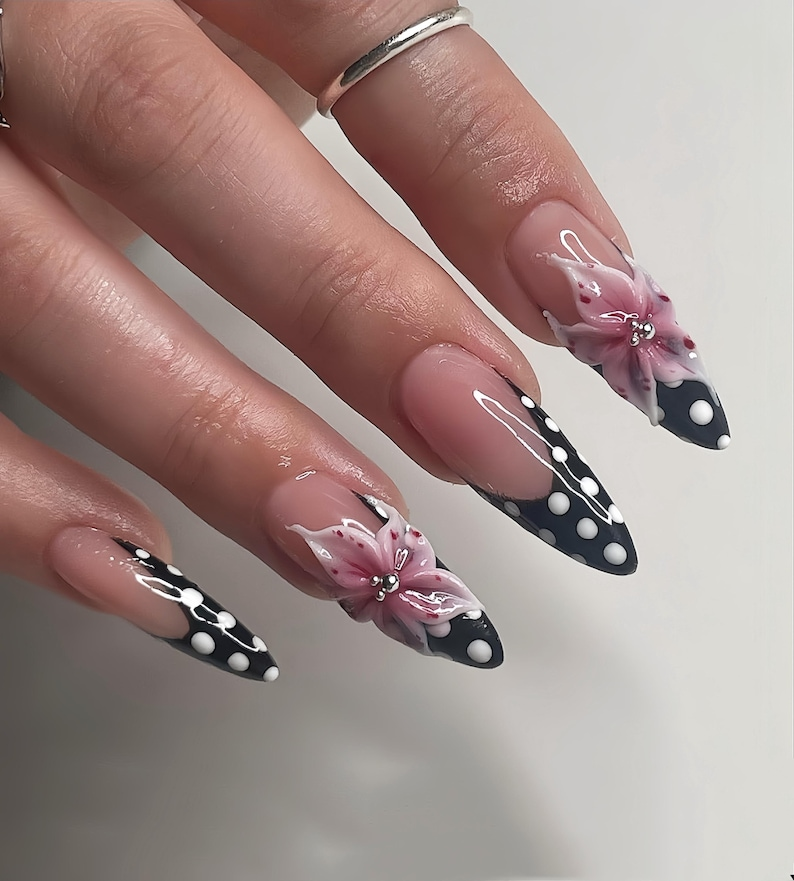 3D Flower Polka Dot Press On Nails, Handmade 3D Flower Almond, Nude Pink, Handmade Luxury Set