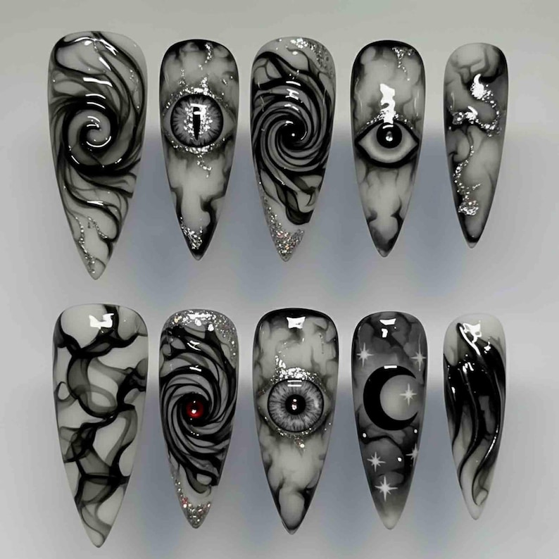 Handmade Gothic Horror Press On Nails, 3D Eyes, Smoky Marble & Moon Star Designs