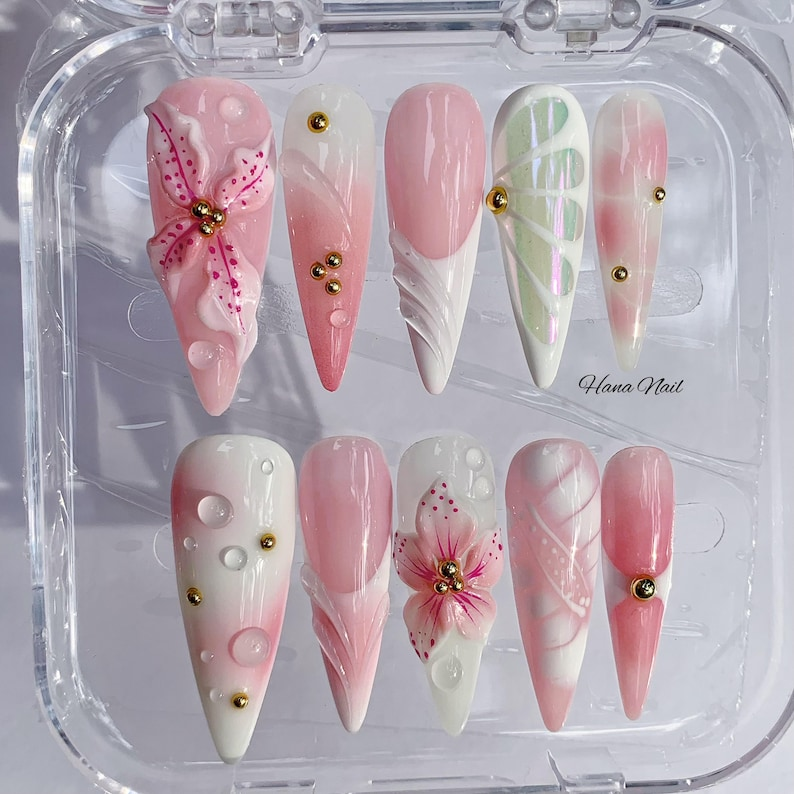 Luxury Pink & White 3D Flower Press On Nails, Long coffin nails, Custom Handmade