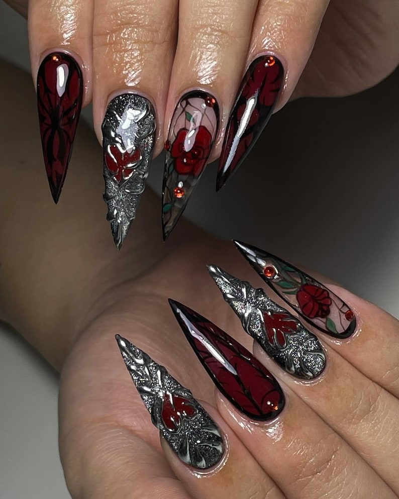 Gothic Rose Stiletto Press On Nails, Black Red Floral Nails with Silver Chrome Nail, Dark Aesthetic Nails