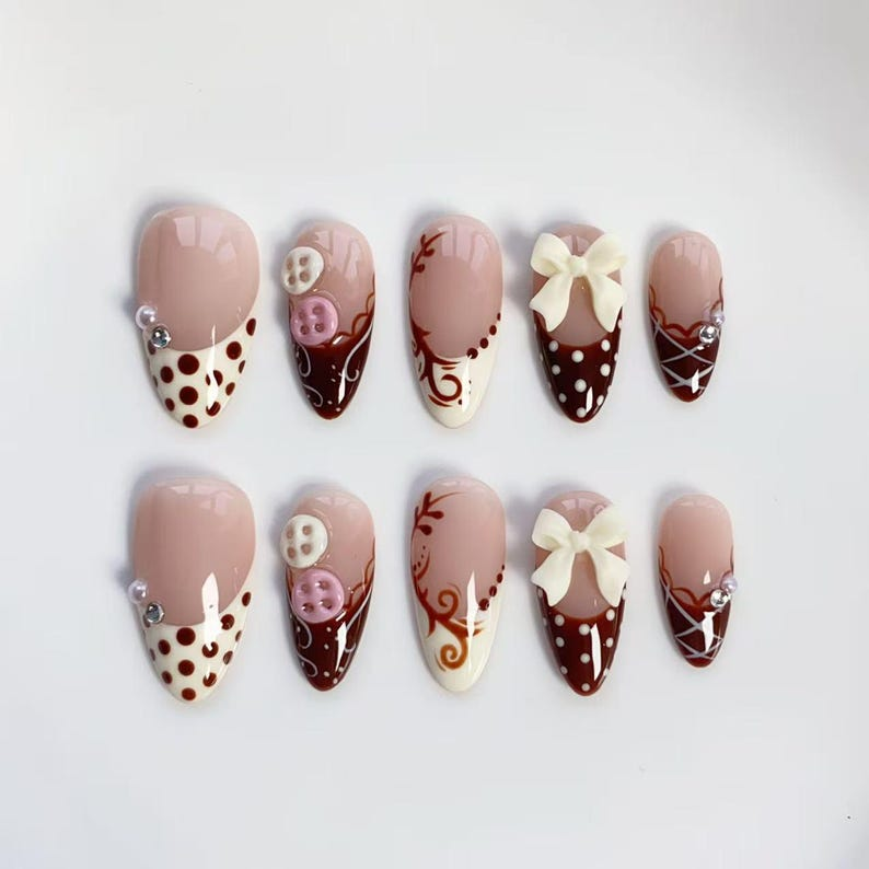 Polka dot french press on long almond nails, Cute Kawaii nails, Freestyle Press On Nails