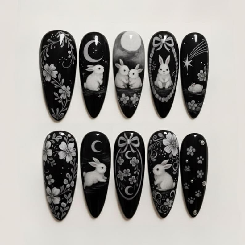 Midnight Moon Bunny Press On Nails, Black White Gothic Rabbit Nail Art, Celestial Floral Handmade
