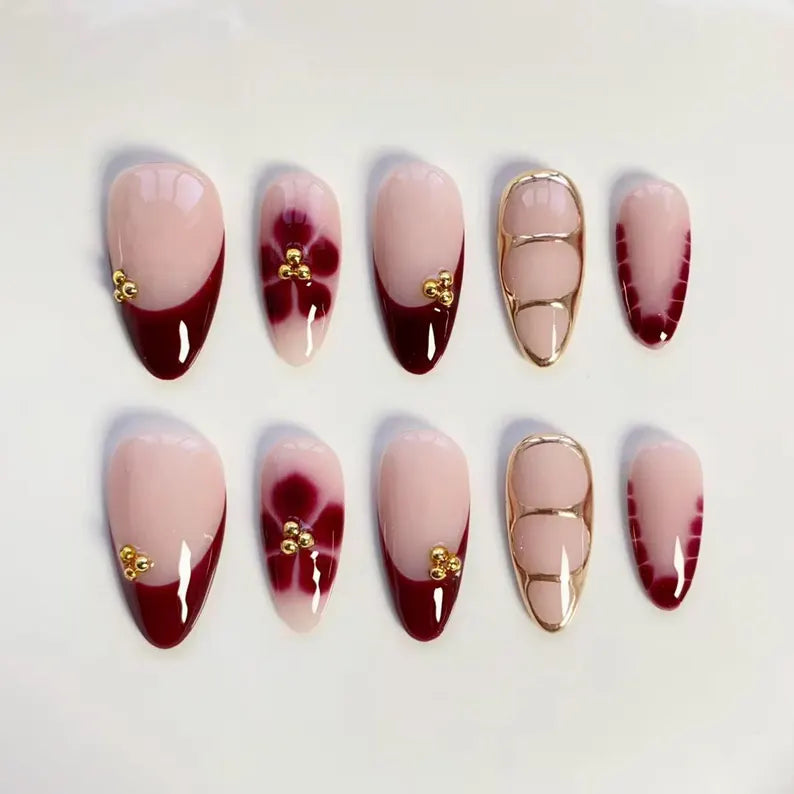 Burgundy Blooming Flower Nails, Press On Nails, French Tip, Micro French