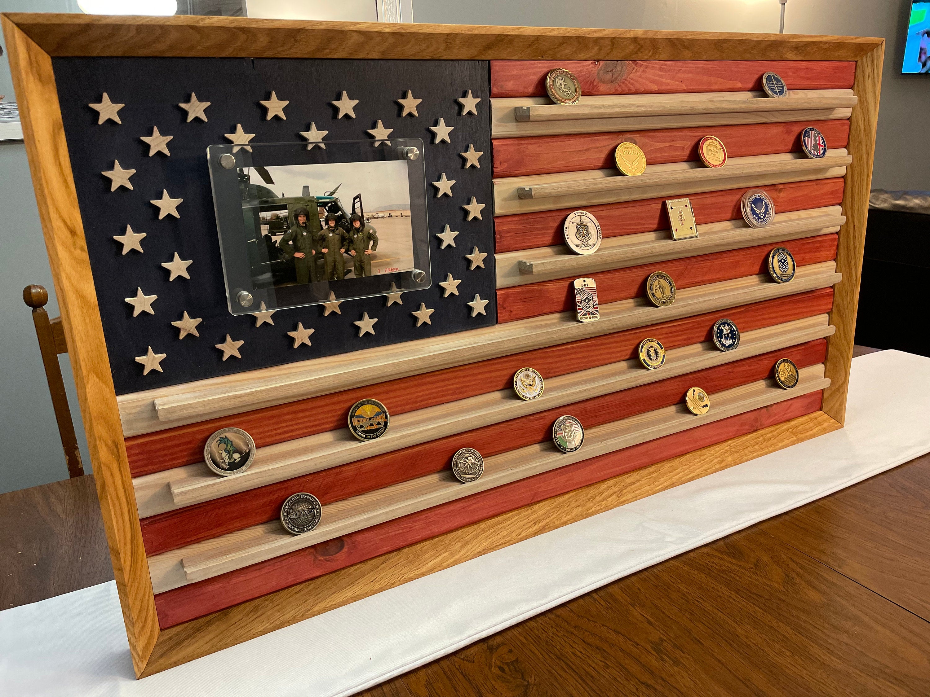 American Flag Military Challenge Coin Display Holder, Custom Photo Wooden Rack,  Gifts For Retired Military