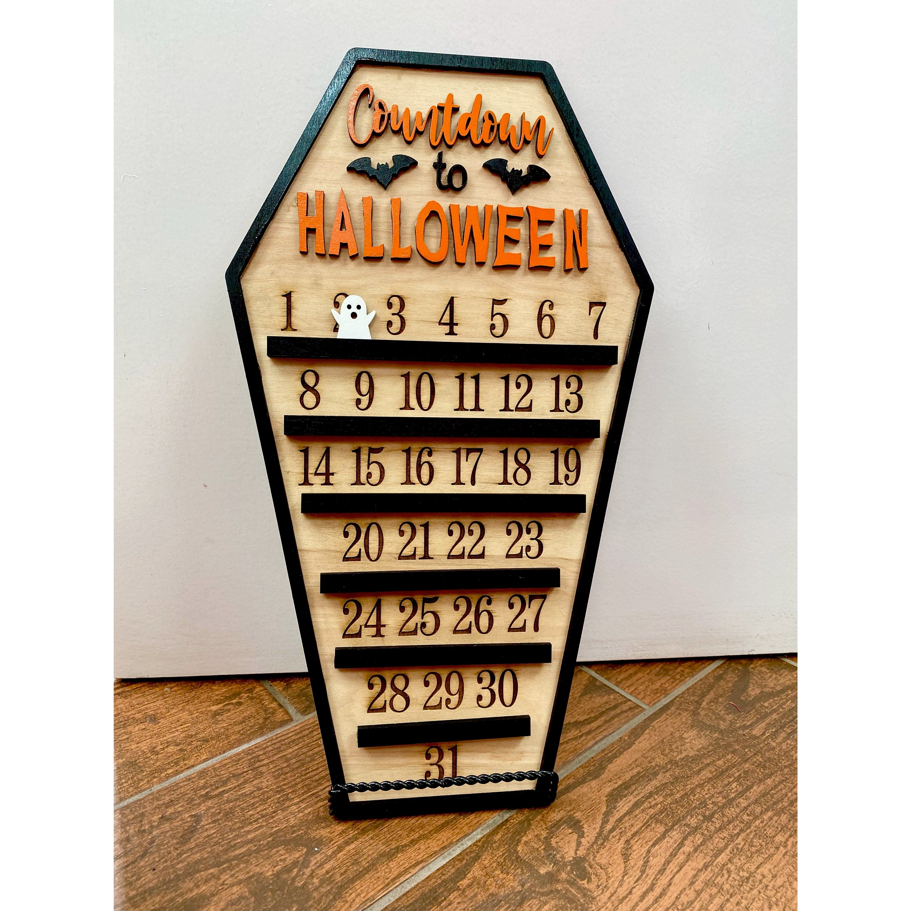 Countdown To Halloween Wooden Coffin Sign With Movable Ghost, Halloween Decor