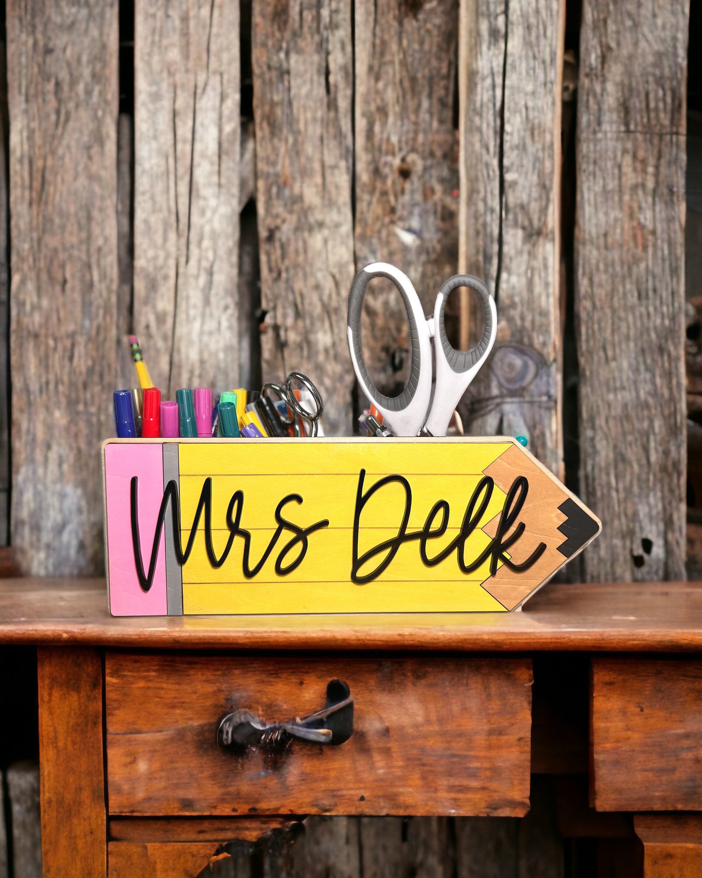 Personalized Teacher Wooden Pencil Apple Desk Pen Holder, Back To School Gift