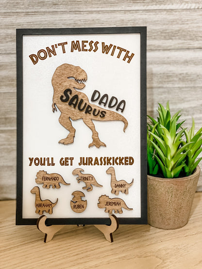 Don't Mess With Dada You'll Get Jurasslicked Personalized Dad Wood Sign, Gifts For Dad, Dinosaur Wood Sign Decor, Father’s Day gift