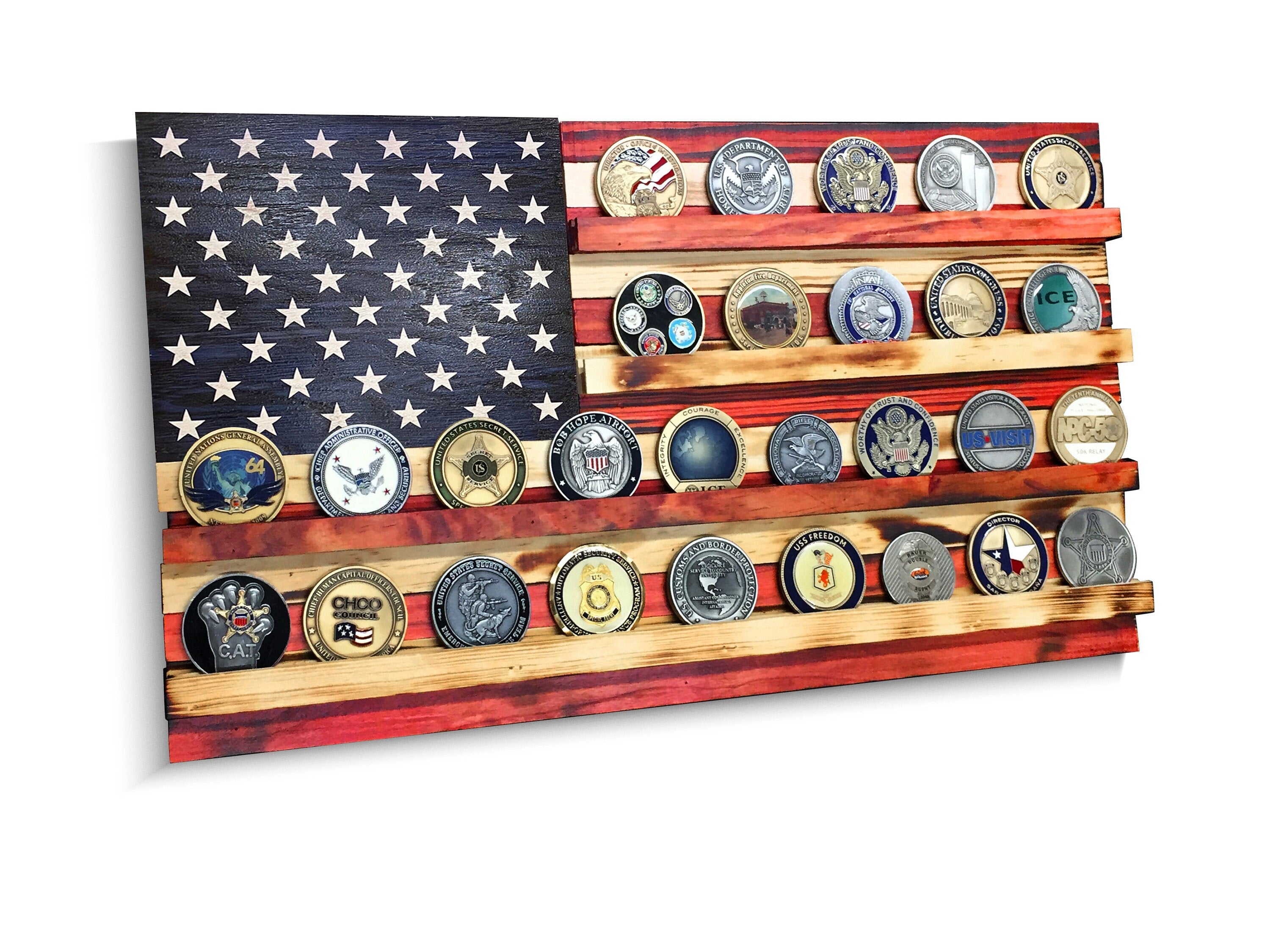 Military Challenge Coin Display Holder, Custom US Flag Wooden Rack, Veteran Gift