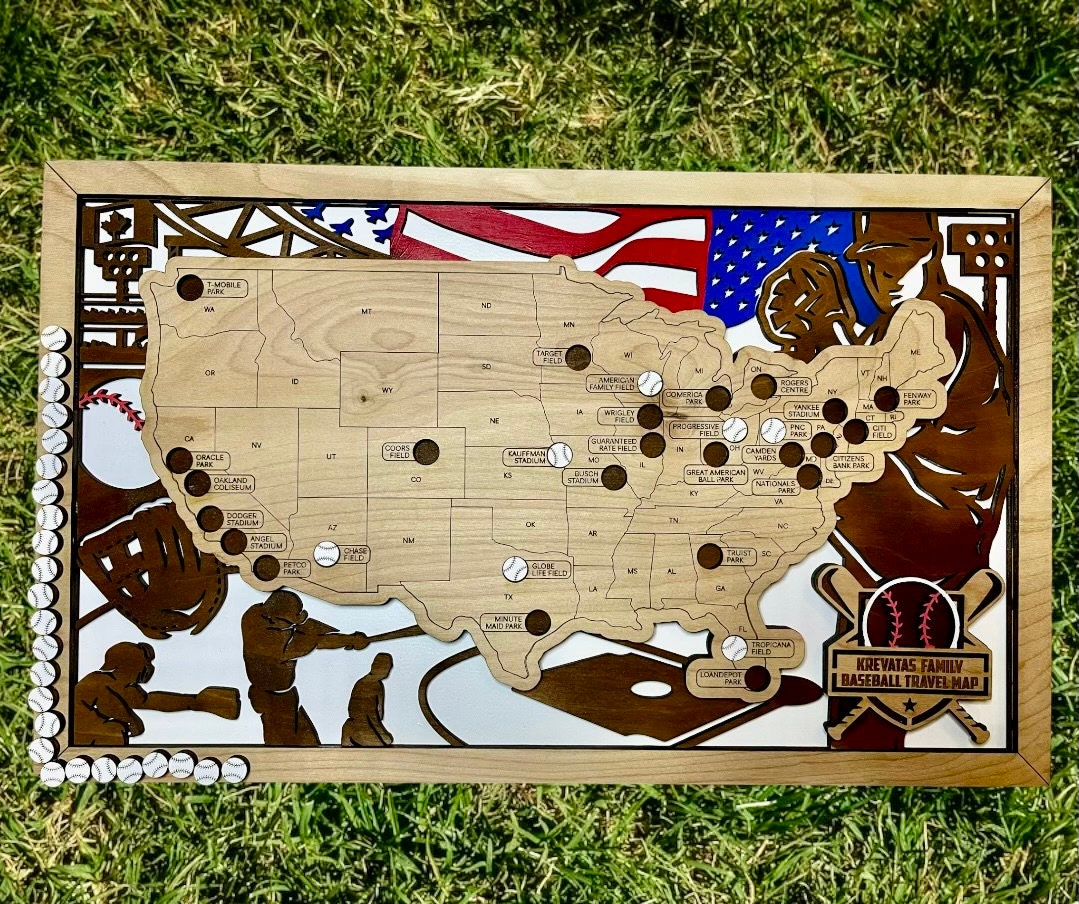 Custom Baseball Major League Stadium Map With Pins, Ballparks Road Trip Wooden Map, Gift For Baseball Lovers