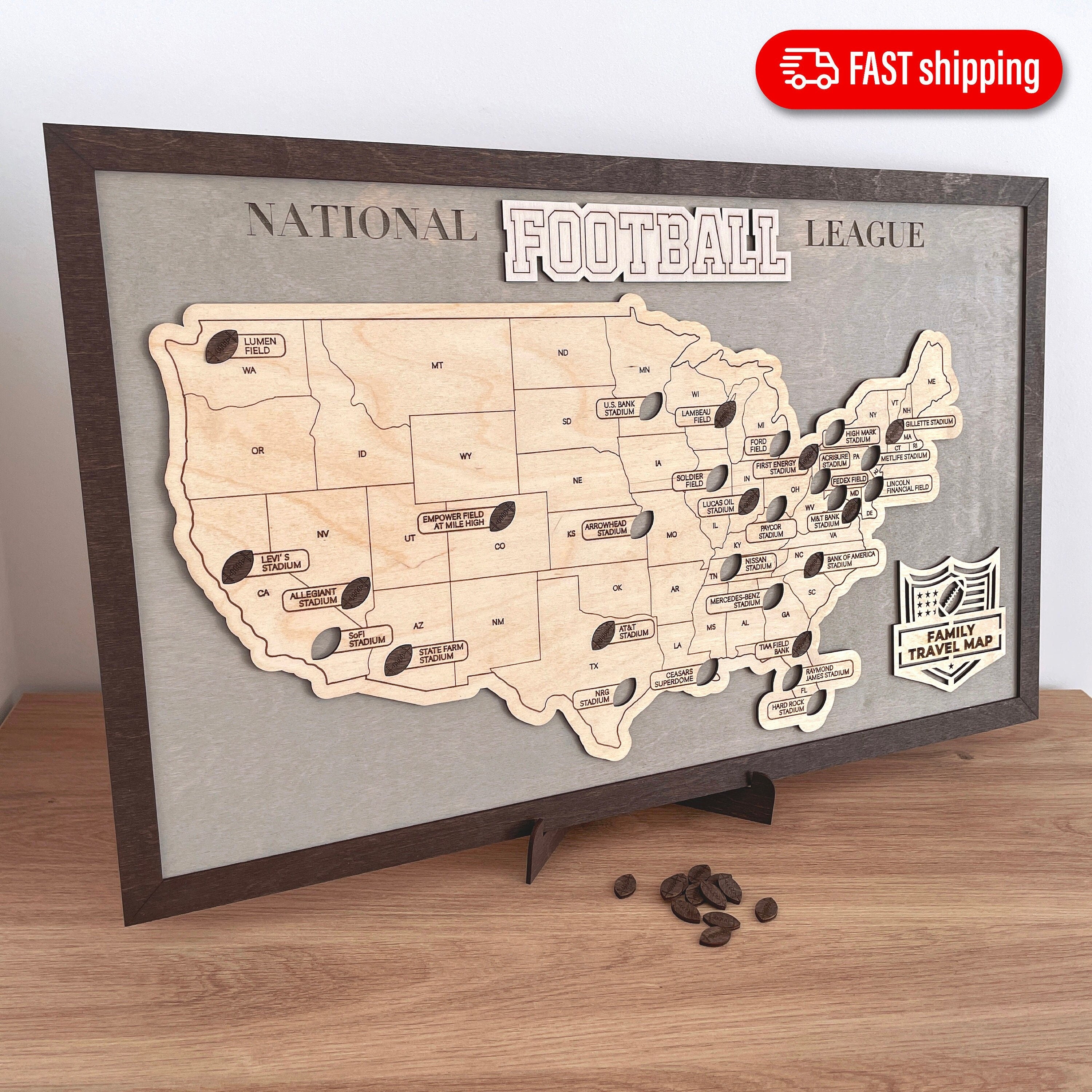 US Football National Stadium Map Wooden Sign, Personalized Family Travel Map With Pins