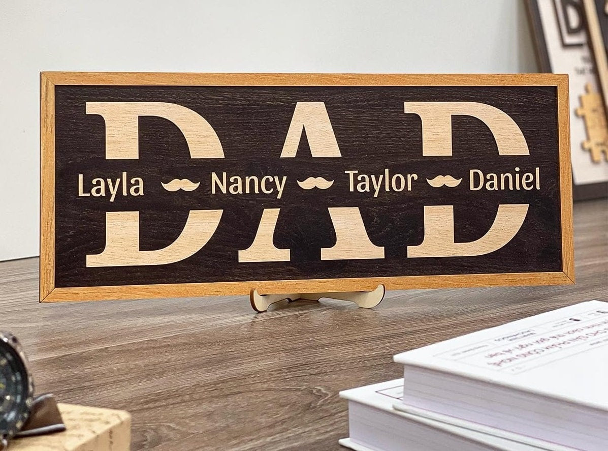 Personalized Dad Frame Wood Sign With Kids Name, Wooden Table For Home Decor