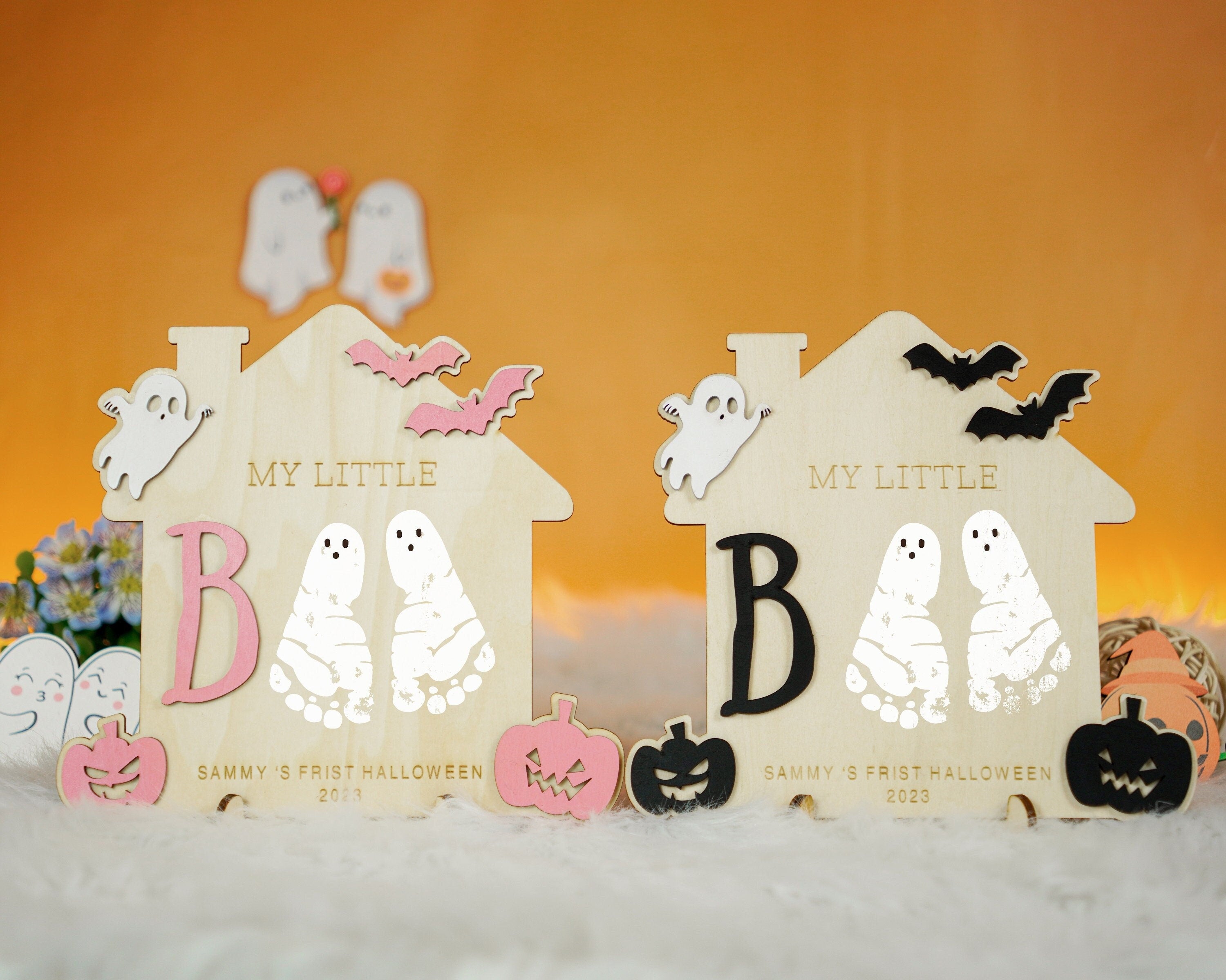 My Little Boo Baby First Halloween Footprint Art, Wooden DIY New Baby Halloween Keepsake