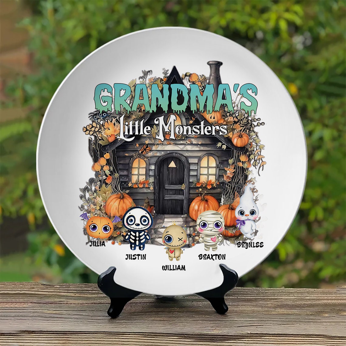 Personalized Grandma's Little Monsters Plate With Kids Name, Halloween Gifts