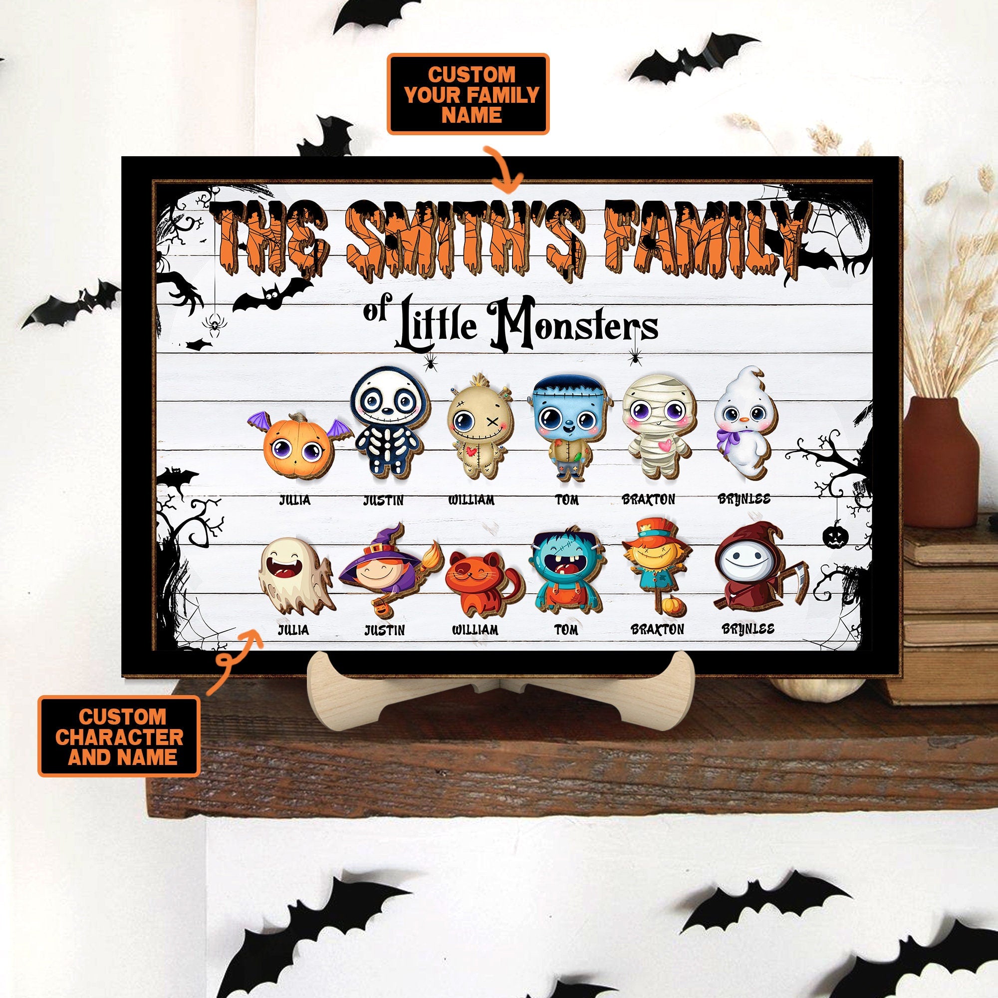 Family of Little Monsters Character Halloween Frame Wood Sign, Halloween Decor