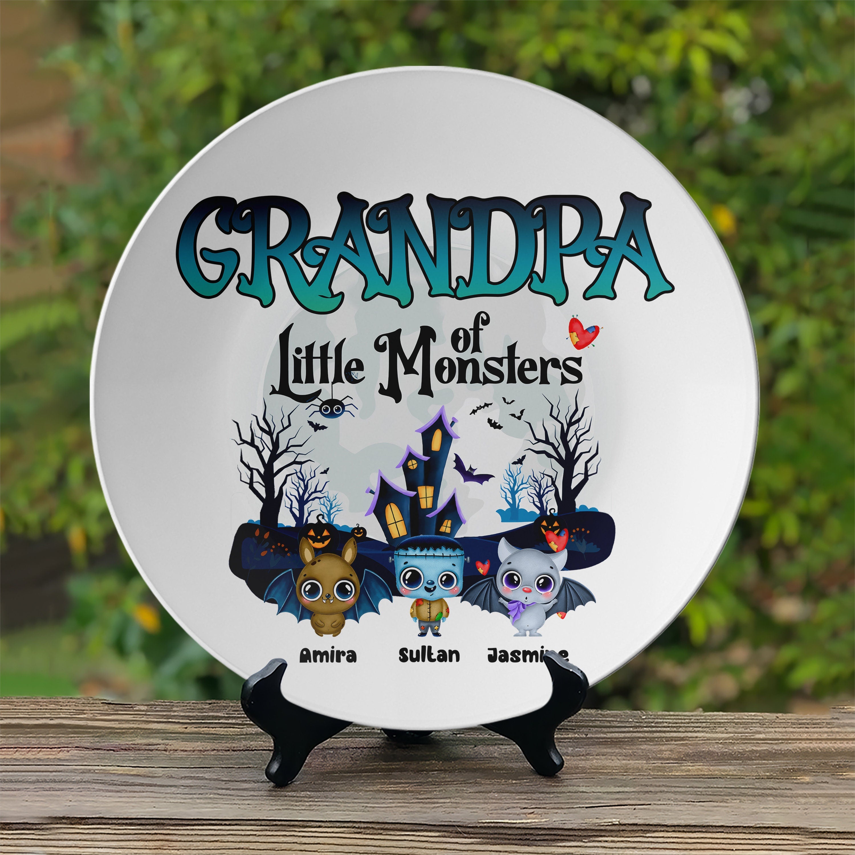 Grandma of Little Monster Personalized Plate With Kids Name, Funny Halloween Gift