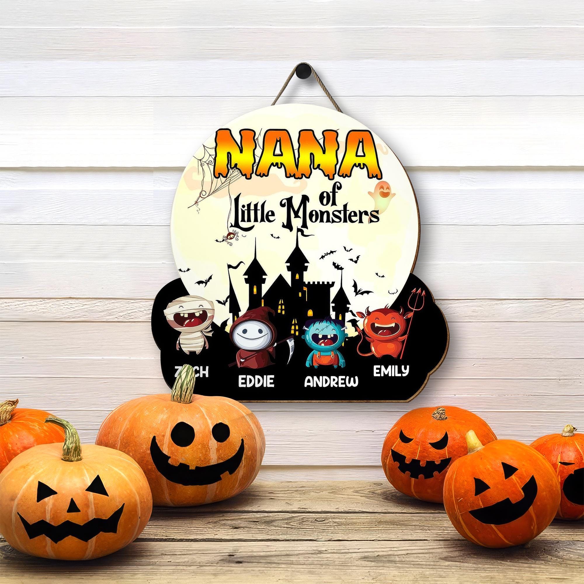 Custom Mommy of Little Monsters Characters with Kid Name Wooden Sign, Halloween Decor