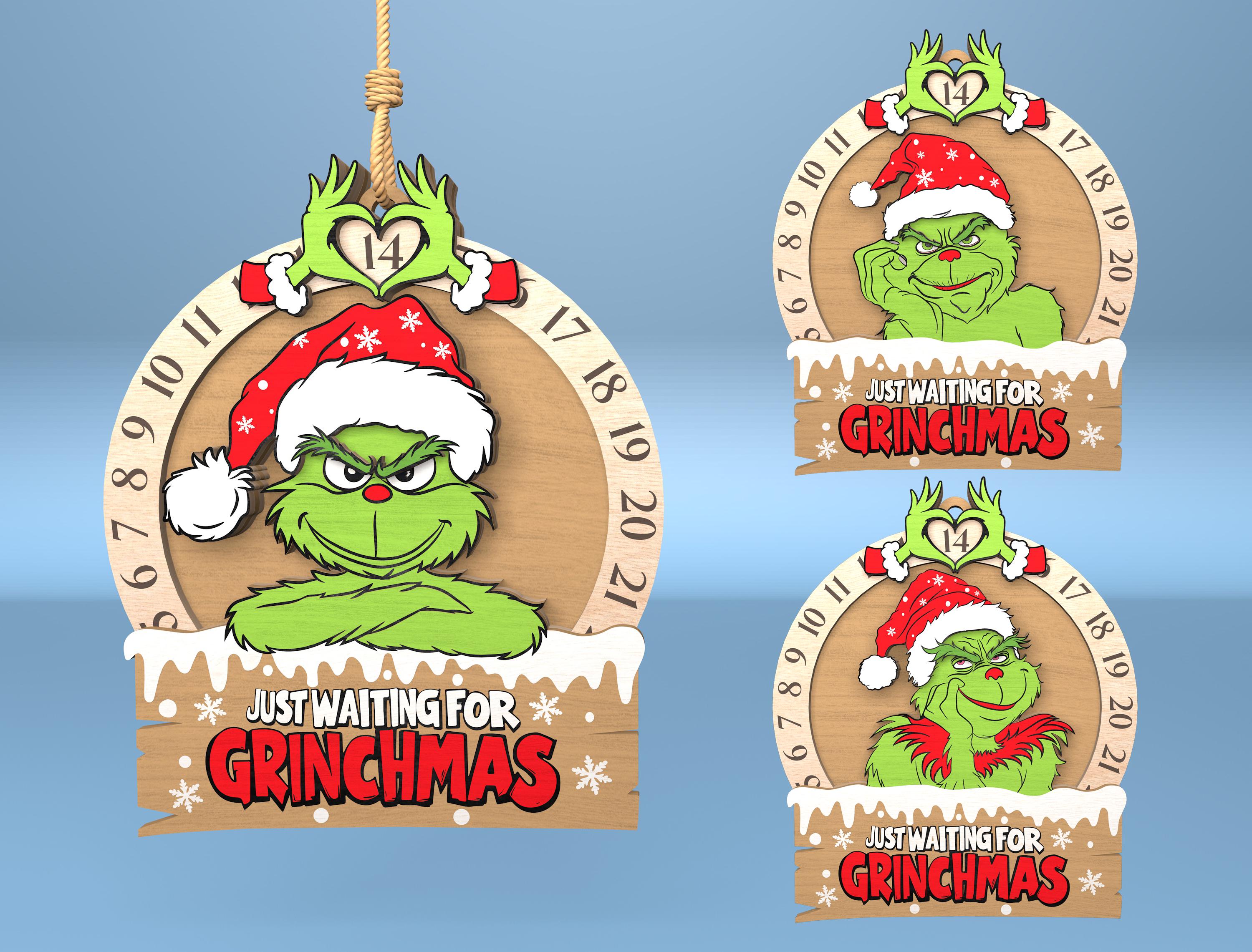 Just Waiting For Grinchmas Xmas Calendar Countdown Sign, Christmas Decor