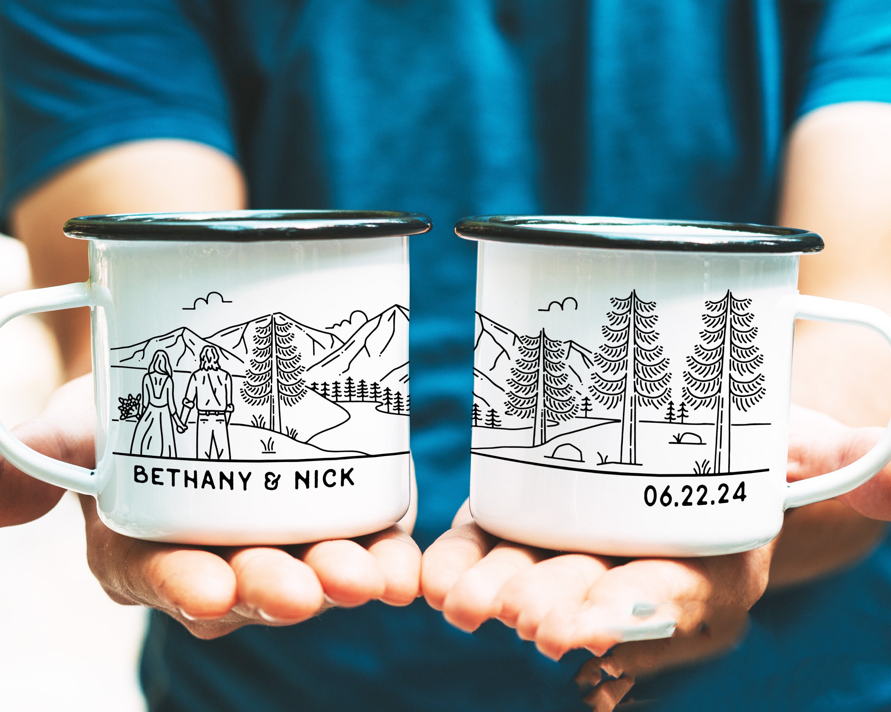 Romantic Mountain Personalized Enamel Mug, Wedding Couple Gift, Engagement Gift