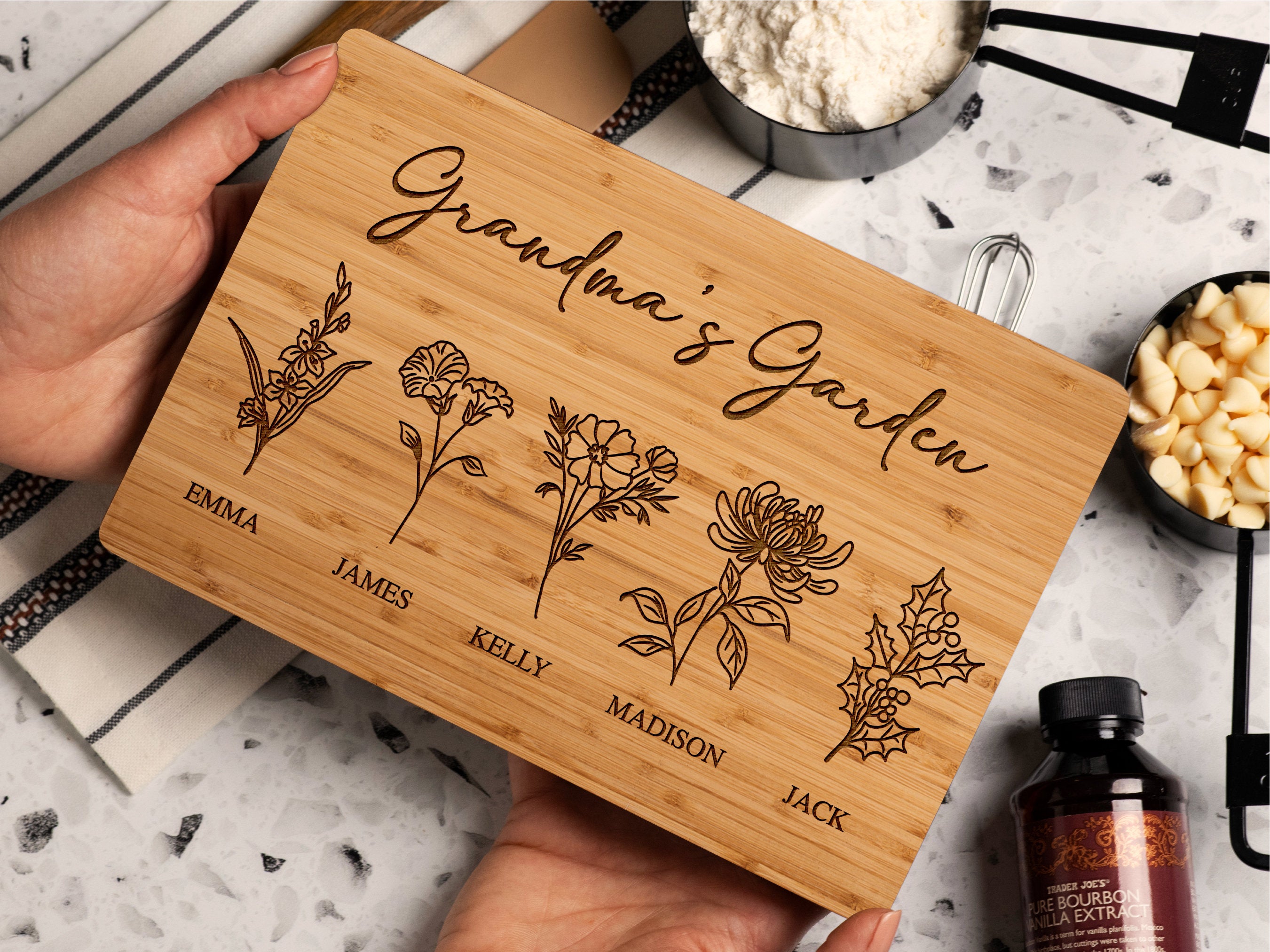 Grandma's Kitchen Engraved Birth Flower Custom Cutting Board, Mother's Day Gift, Gift For Mom