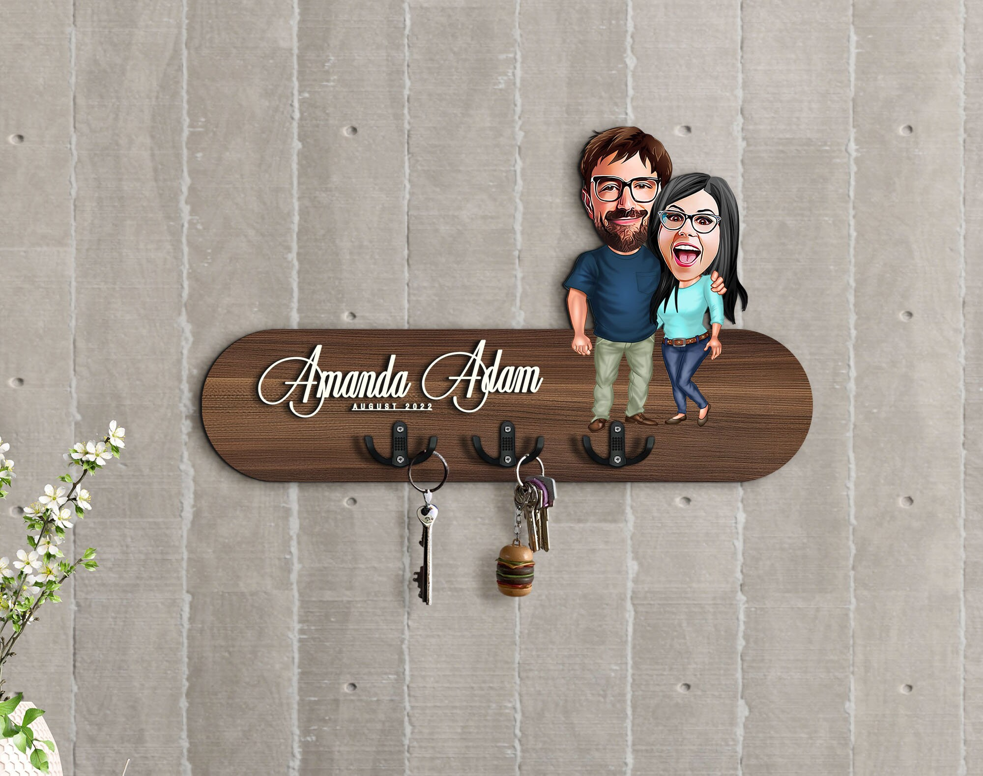 Personalized 3D Couple Wooden Key Holder, Entryway Wall Organizer, Entryway Key Holder, Custom Caricature