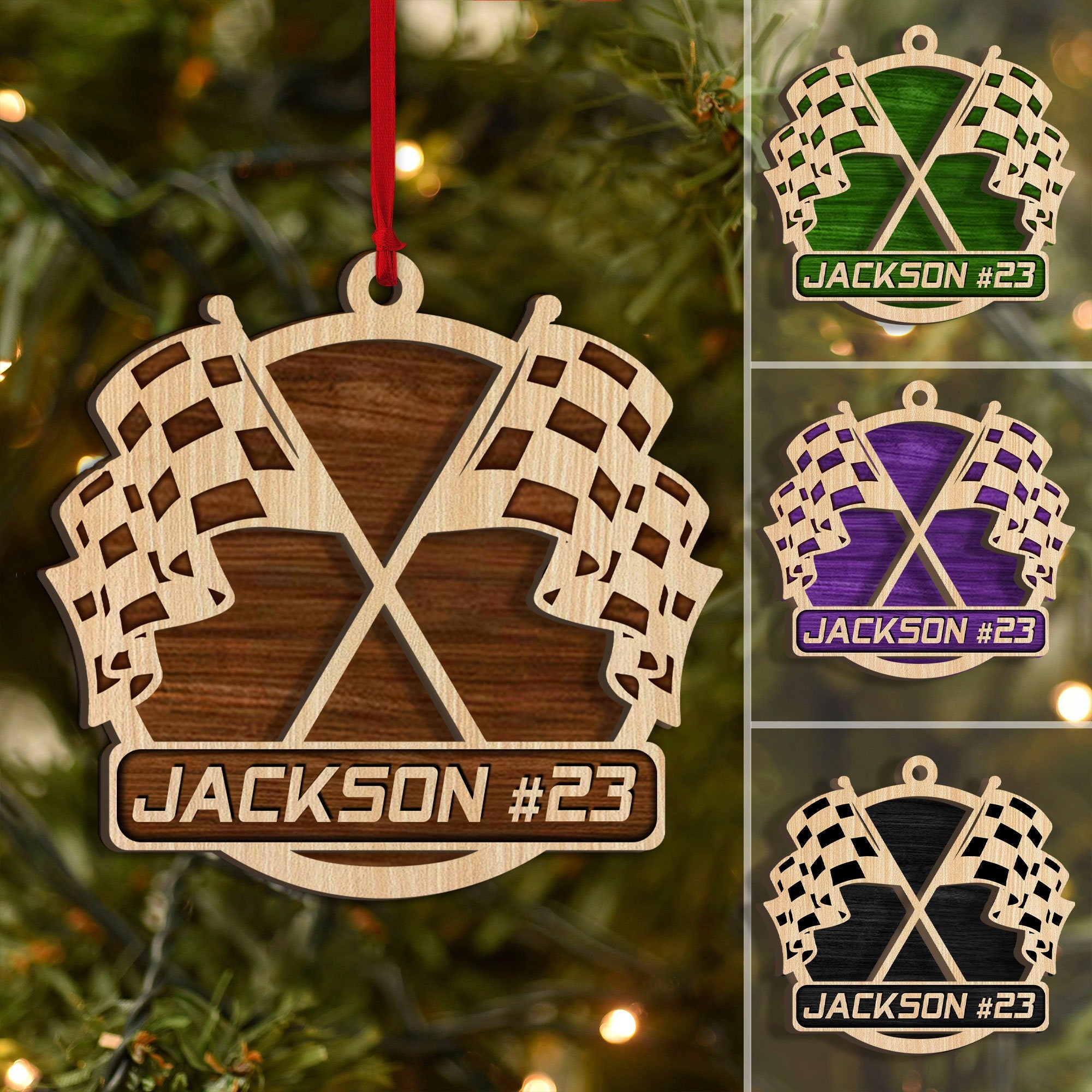 Personalized Racing Flag Wood Christmas Ornament, Racing Gift