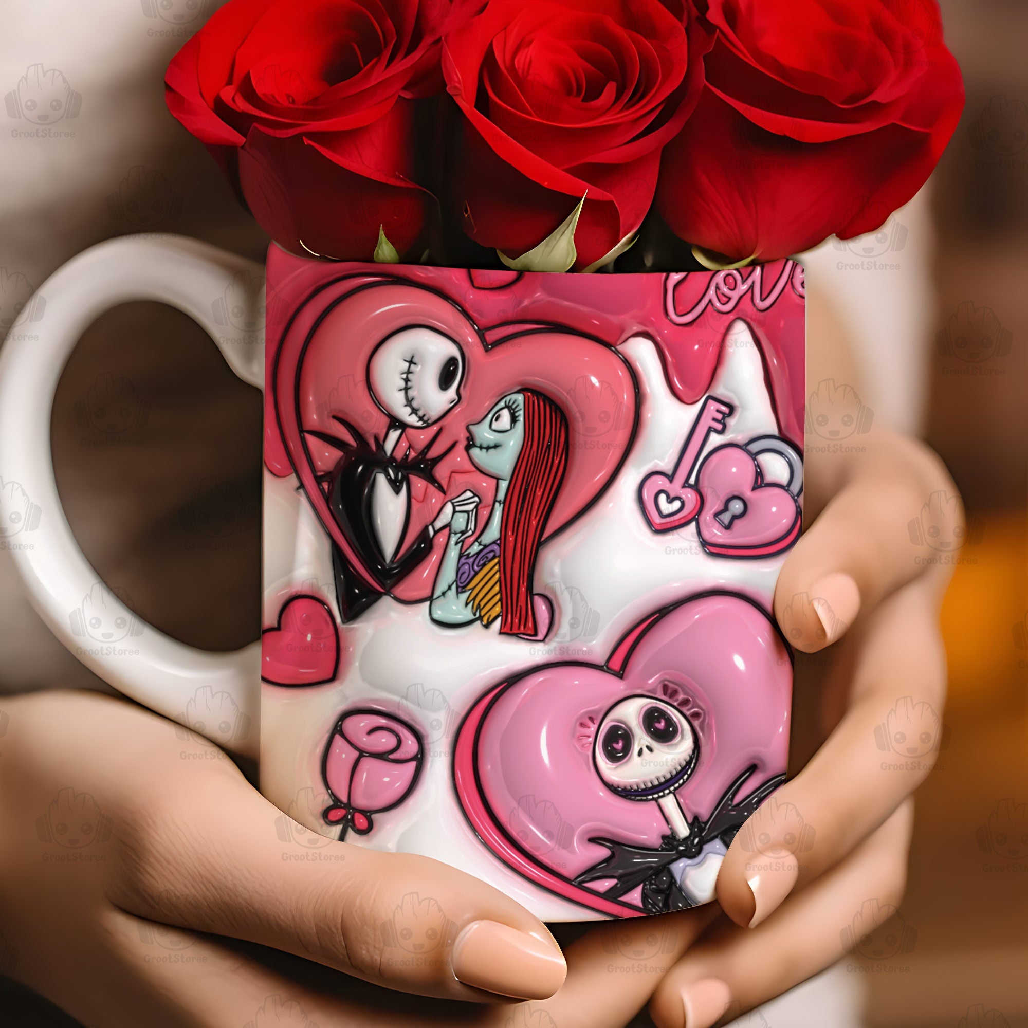 3D Inflated Effect Valentine Mug, Jack & Sally Mug, Valentine Gift For Couple