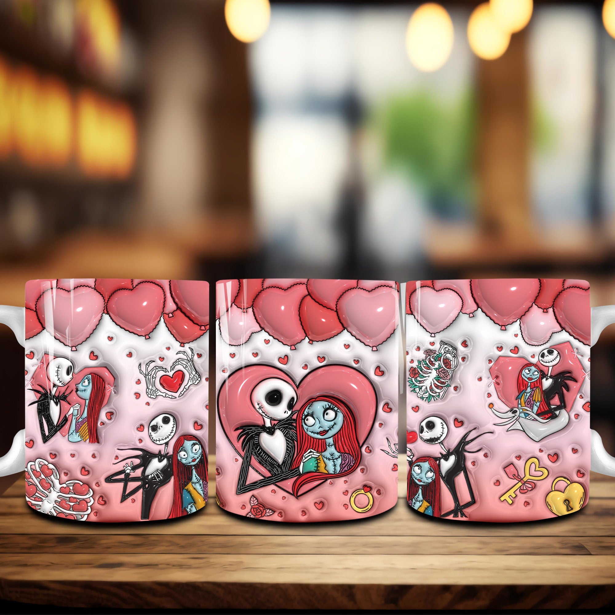 3D Candy Hearts Jack & Sally Valentine Coffee Mug, Couple Mug, Gift For Couple